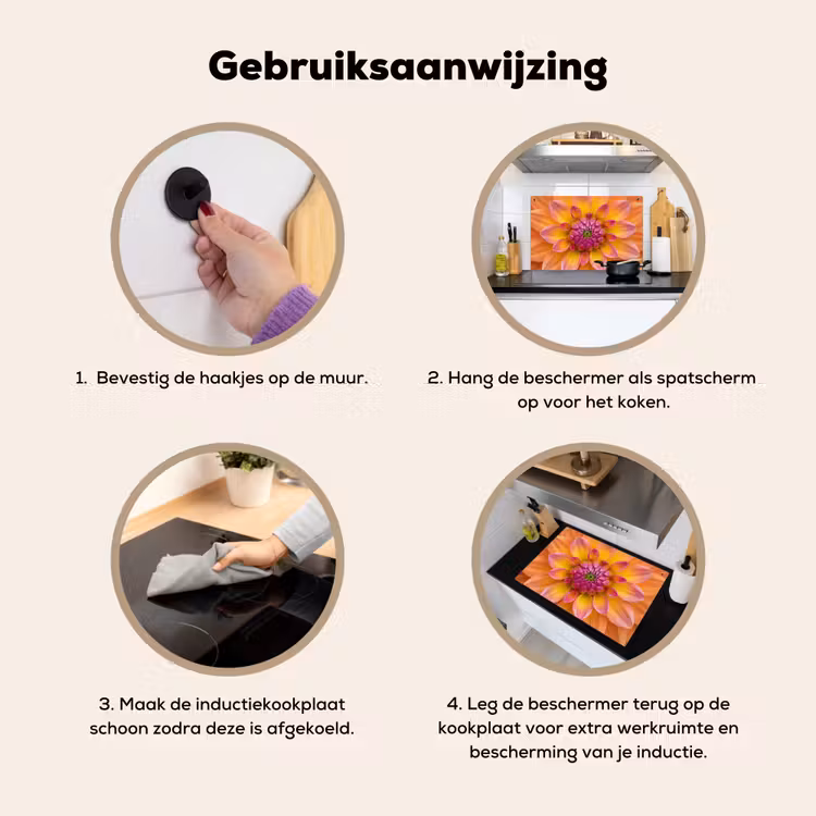 Dahlia - Bloem - Oranje Inductie beschemer met haakjes klein -ky-gebruik-nl