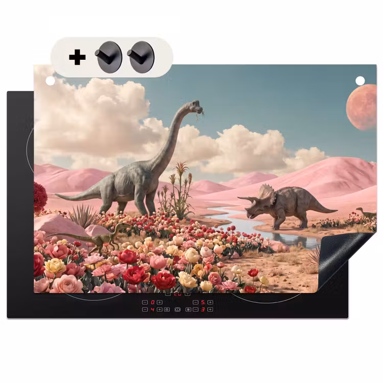 Inductiebeschermer & spatscherm (2in1) - Dinosaurus - Roze - Landschap - Dinosaurus - Roze - Landschap Inductie beschemer met haakjes klein