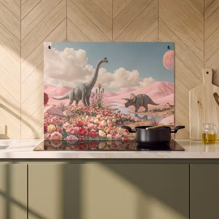 Inductiebeschermer & spatscherm (2in1) - Dinosaurus - Roze - Landschap - Dinosaurus - Roze - Landschap Inductie beschemer met haakjes klein