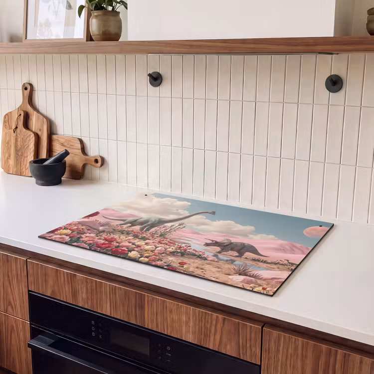 Inductiebeschermer & spatscherm (2in1) - Dinosaurus - Roze - Landschap - Dinosaurus - Roze - Landschap Inductie beschemer met haakjes klein