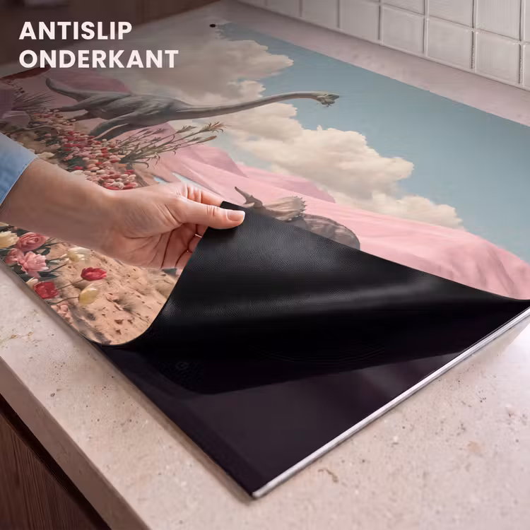 Inductiebeschermer & spatscherm (2in1) - Dinosaurus - Roze - Landschap - Dinosaurus - Roze - Landschap Inductie beschemer met haakjes klein