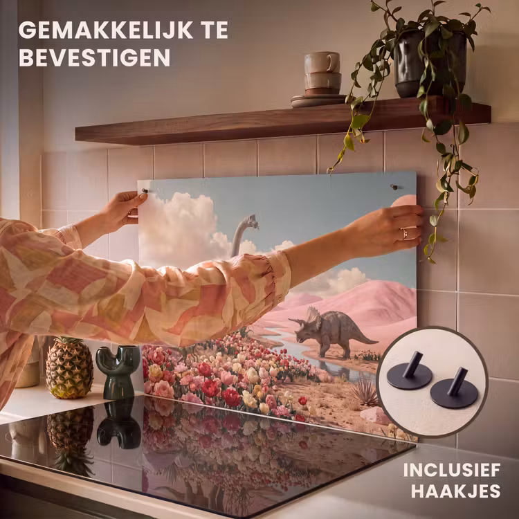 Inductiebeschermer & spatscherm (2in1) - Dinosaurus - Roze - Landschap - Dinosaurus - Roze - Landschap Inductie beschemer met haakjes klein