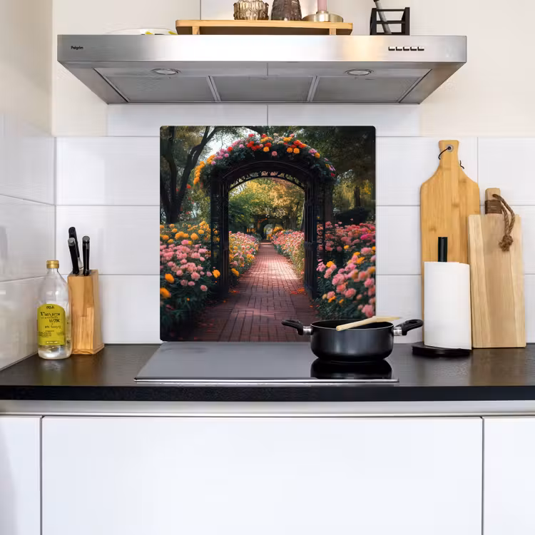 Doorkijk - Bloemen - Pad - Natuur - Kleurrijk Inductie beschemer met haakjes middel -sfeer2
