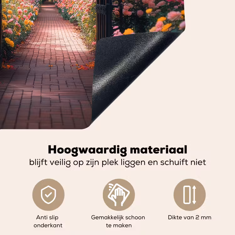 Doorkijk - Bloemen - Pad - Natuur - Kleurrijk Inductie beschemer met haakjes middel -ky-onderkant-nl