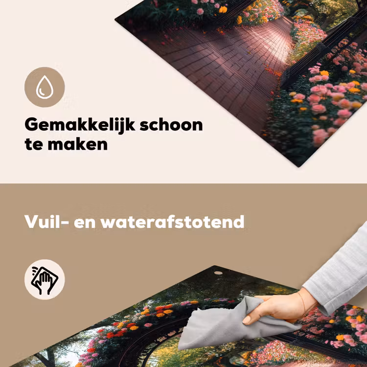 Doorkijk - Bloemen - Pad - Natuur - Kleurrijk Inductie beschemer met haakjes middel -ky-schoon-nl