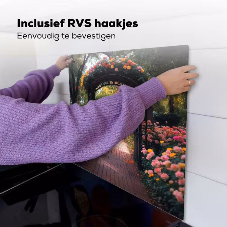 Doorkijk - Bloemen - Pad - Natuur - Kleurrijk Inductie beschemer met haakjes middel -ky-ophangen-nl