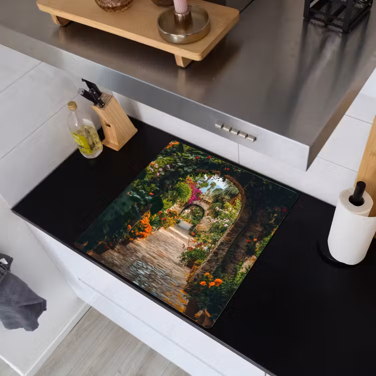 Doorkijk - Bloemen - Poort - Stenen Inductie beschemer met haakjes middel -sfeer1