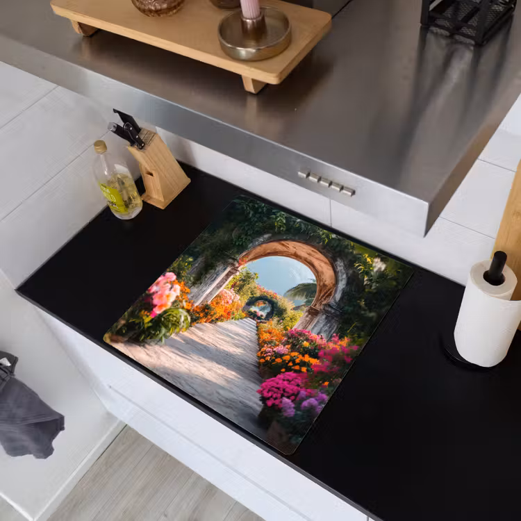 Doorkijk - Bloemen - Tropisch - Kleurrijk Inductie beschemer met haakjes middel -sfeer1