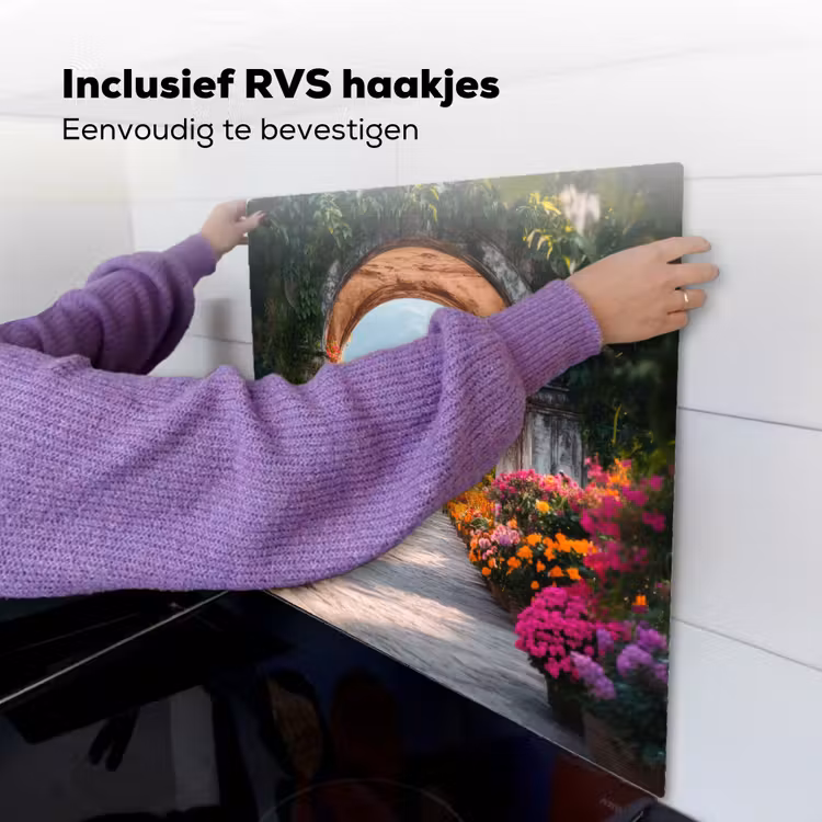 Doorkijk - Bloemen - Tropisch - Kleurrijk Inductie beschemer met haakjes middel -ky-ophangen-nl
