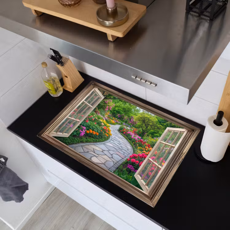 Doorkijk - Bloemen - Tuinpad - Natuur - Raam Inductie beschemer met haakjes klein -sfeer1