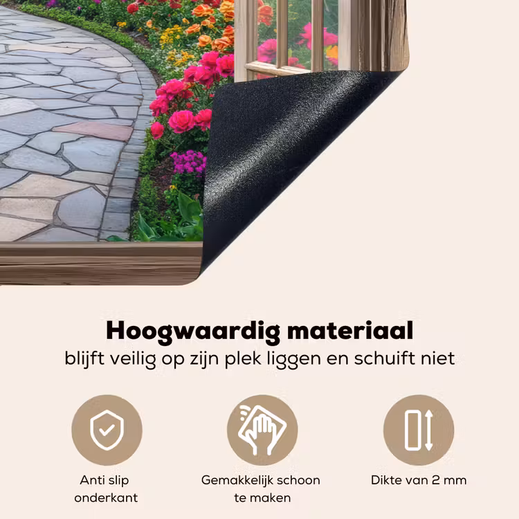 Doorkijk - Bloemen - Tuinpad - Natuur - Raam Inductie beschemer met haakjes klein -ky-onderkant-nl