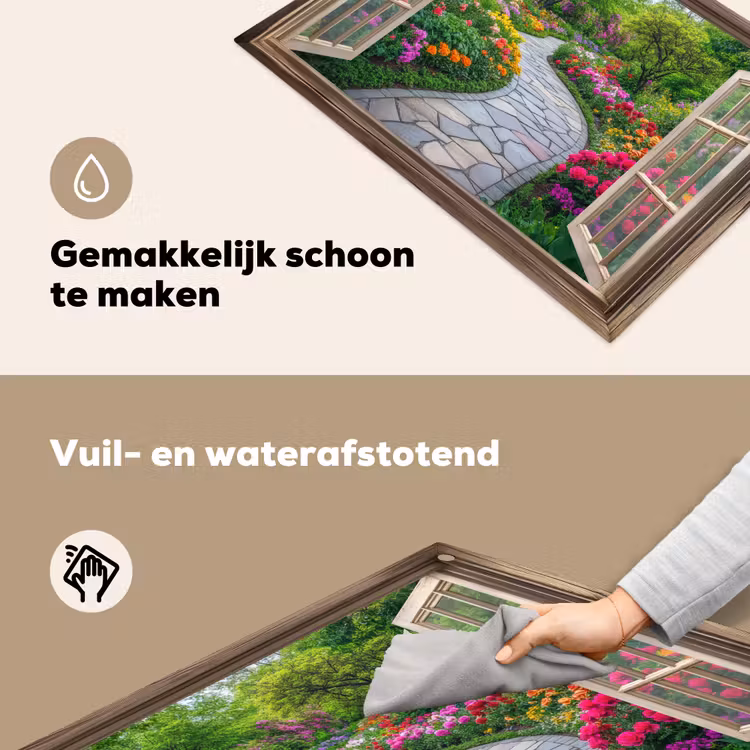 Doorkijk - Bloemen - Tuinpad - Natuur - Raam Inductie beschemer met haakjes klein -ky-schoon-nl