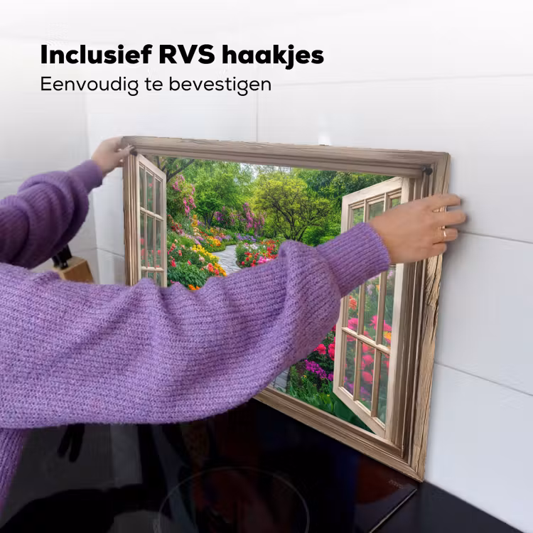 Doorkijk - Bloemen - Tuinpad - Natuur - Raam Inductie beschemer met haakjes klein -ky-ophangen-nl