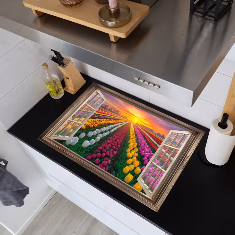 Doorkijk - Bloemen - Tulpen - Kleurrijk - Zonsondergang Inductie beschemer met haakjes klein -sfeer1