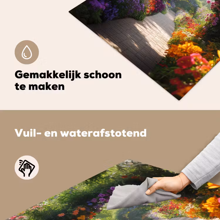 Doorkijk - Pad - Bloemen - Struik - Kleurrijk Inductie beschemer met haakjes middel -ky-schoon-nl