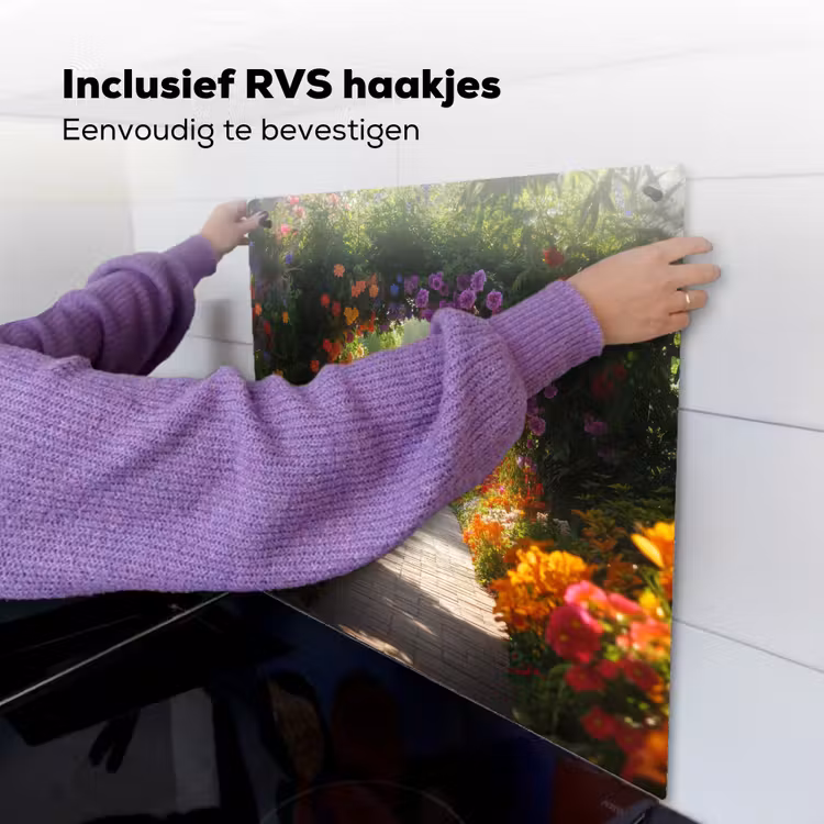 Doorkijk - Pad - Bloemen - Struik - Kleurrijk Inductie beschemer met haakjes middel -ky-ophangen-nl