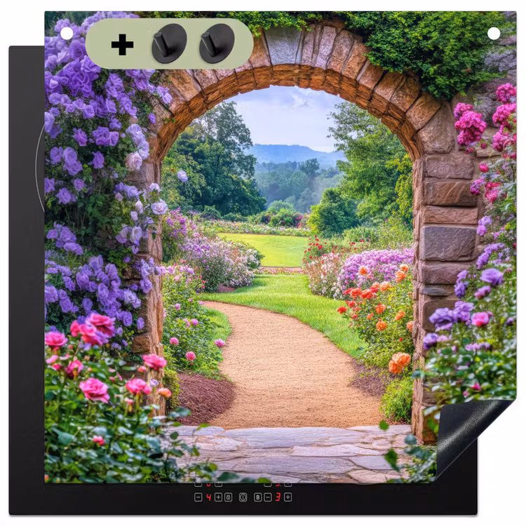 Doorkijk - Poort - Bloemen - Tuin Inductie beschemer met haakjes middel -3d
