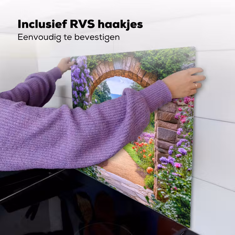 Doorkijk - Poort - Bloemen - Tuin Inductie beschemer met haakjes middel -ky-ophangen-nl