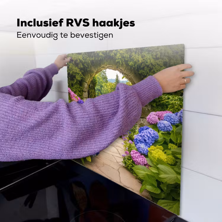 Doorkijk - Poort - Hortensia - Bloementuin Inductie beschemer met haakjes middel -ky-ophangen-nl