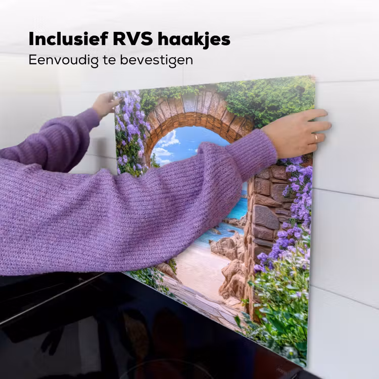 Doorkijk - Poort - Zee - Strand - Rotsen Inductie beschemer met haakjes middel -ky-ophangen-nl