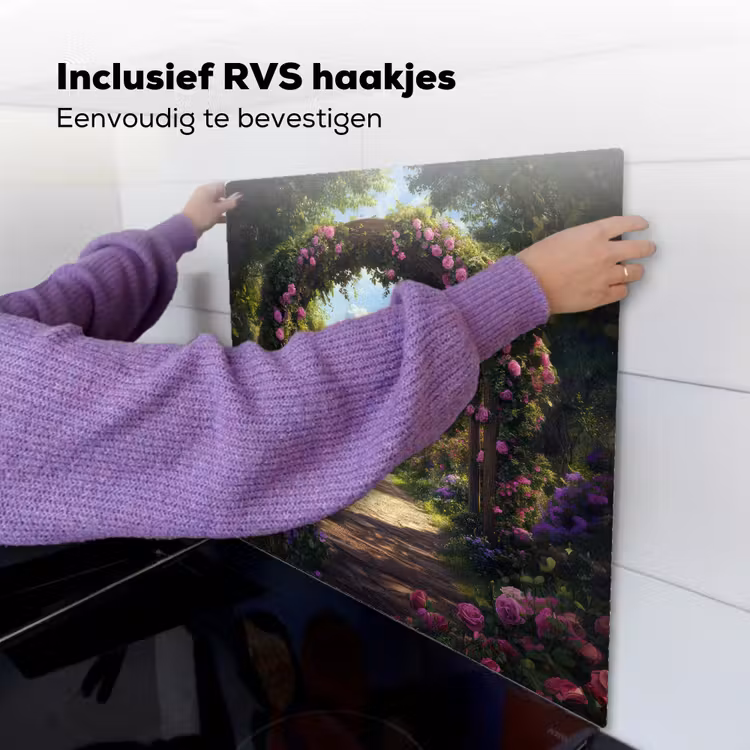 Doorkijk - Rozenboog - Uitzicht - Landschap - Bloemen Inductie beschemer met haakjes middel -ky-ophangen-nl