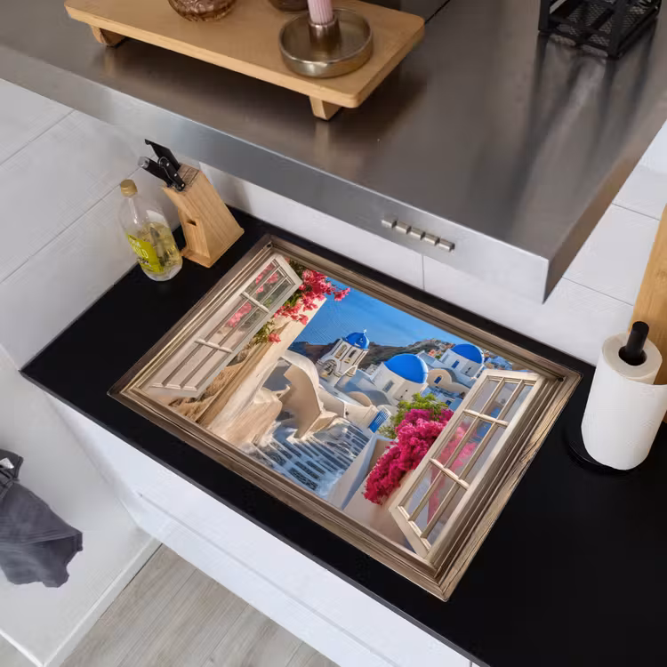 Doorkijk - Santorini - Landschap - Blauw - Grieks Inductie beschemer met haakjes klein -sfeer1