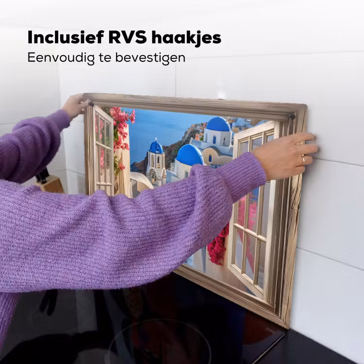 Doorkijk - Santorini - Landschap - Blauw - Grieks Inductie beschemer met haakjes klein -ky-ophangen-nl