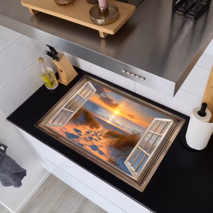 Doorkijk - Strand - Duinen - Zonsondergang Inductie beschemer met haakjes klein -sfeer1
