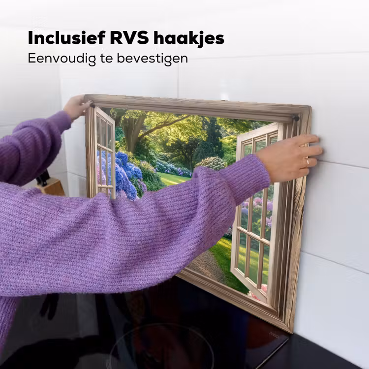 Doorkijk - Tuin - Raam - Hortensia - Bloemen Inductie beschemer met haakjes klein -ky-ophangen-nl