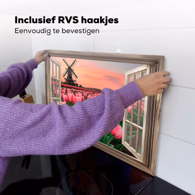Doorkijk - Tulpen - Bloemen - Molen - Raam Inductie beschemer met haakjes klein -ky-ophangen-nl