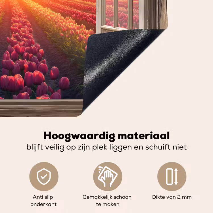 Doorkijk - Tulpen - Zonsondergang - Bloemen - Kleurrijk Inductie beschemer met haakjes klein -ky-onderkant-nl