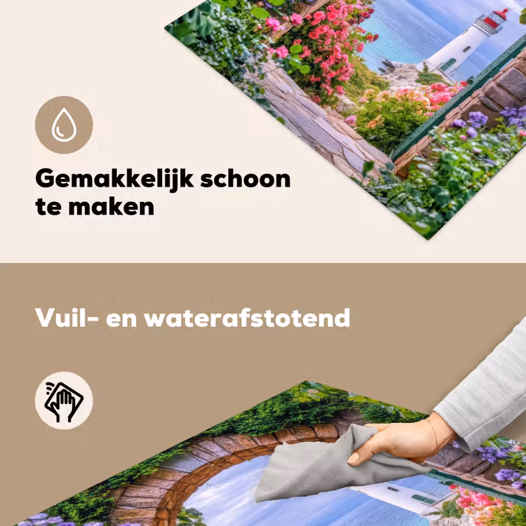 Doorkijk - Vuurtoren - Bloemen - Uitzicht Inductie beschemer met haakjes middel -ky-schoon-nl