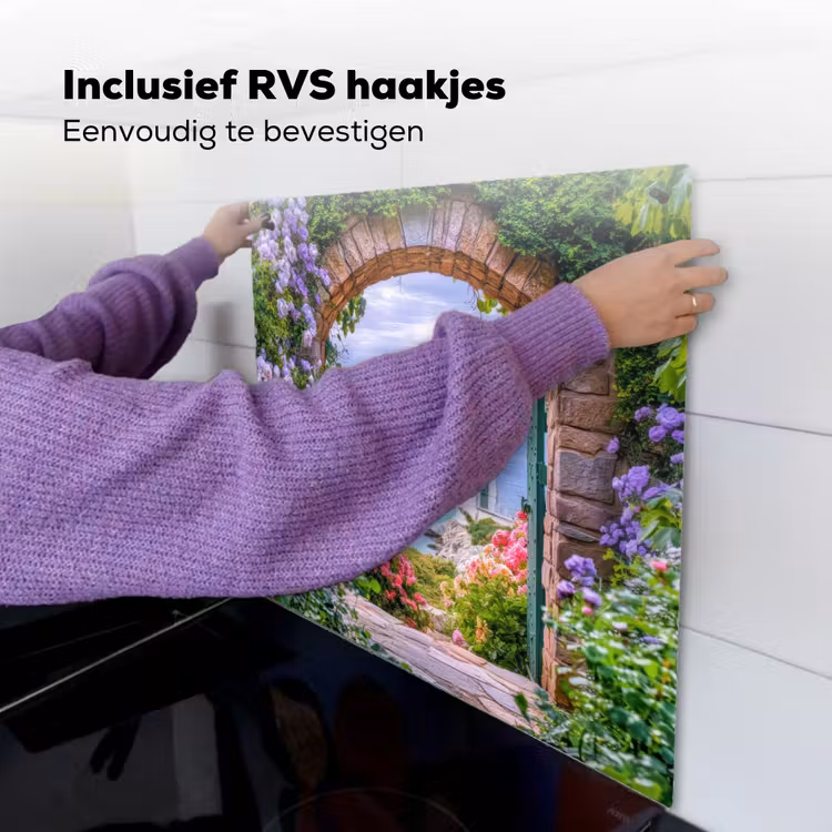 Doorkijk - Vuurtoren - Bloemen - Uitzicht Inductie beschemer met haakjes middel -ky-ophangen-nl