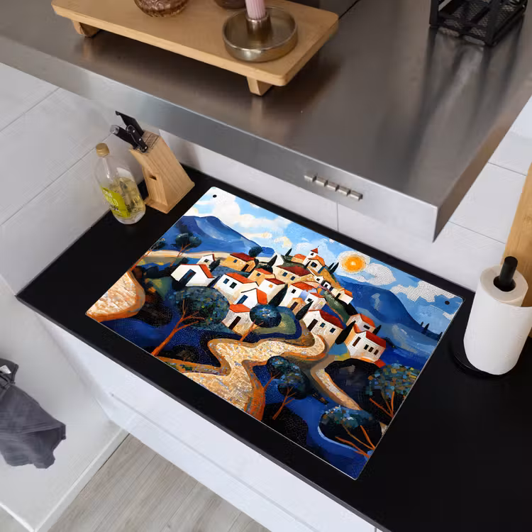 Dorp - Heuvelachtig - Zon - Mozaïek Inductie beschemer met haakjes klein -sfeer1