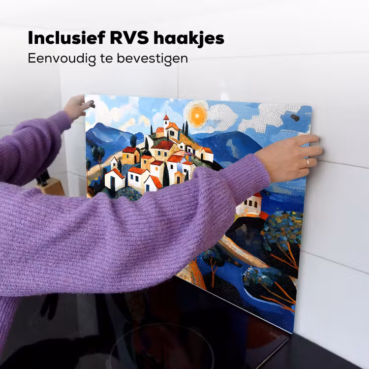 Dorp - Heuvelachtig - Zon - Mozaïek Inductie beschemer met haakjes klein -ky-ophangen-nl