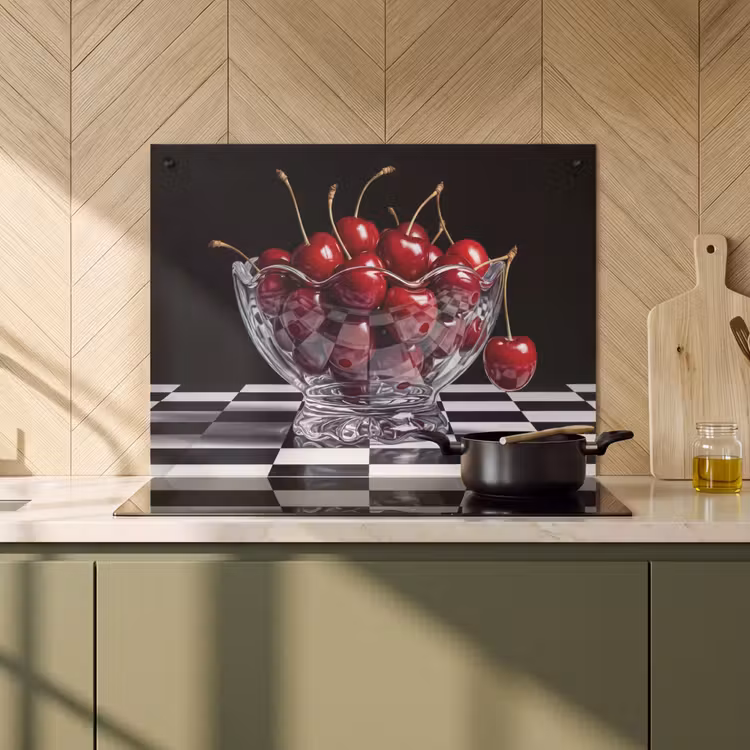 Inductiebeschermer & spatscherm (2in1) - Eten - Kersen - Rood - Eten - Kersen - Rood Inductie beschemer met haakjes klein