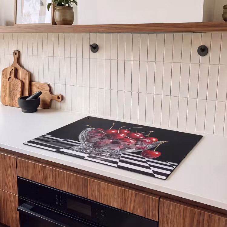 Inductiebeschermer & spatscherm (2in1) - Eten - Kersen - Rood - Eten - Kersen - Rood Inductie beschemer met haakjes klein