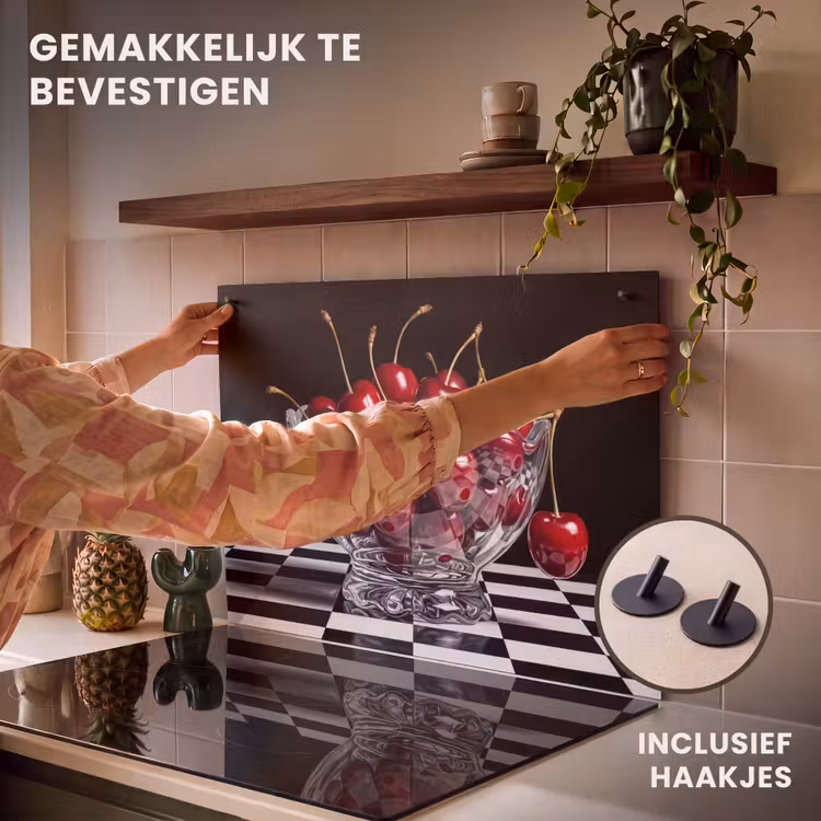 Inductiebeschermer & spatscherm (2in1) - Eten - Kersen - Rood - Eten - Kersen - Rood Inductie beschemer met haakjes klein
