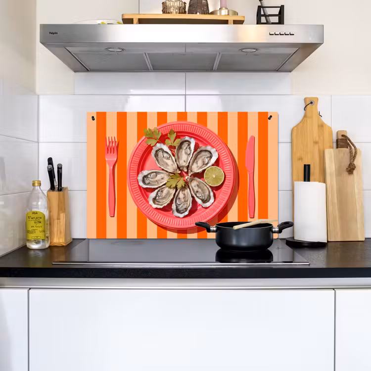 Eten - Oester - Zeevruchten - Oranje - Modern Inductie beschemer met haakjes klein -sfeer2