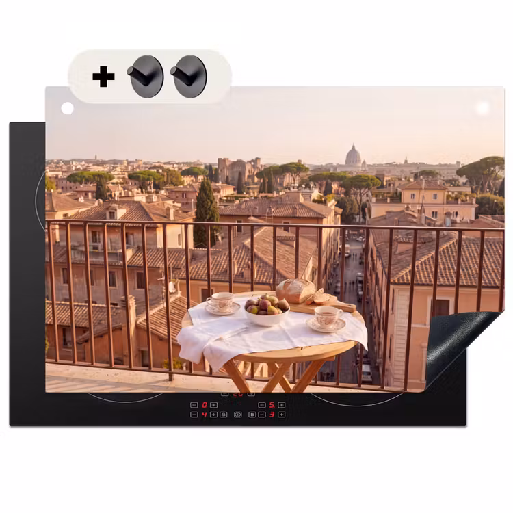 Eten - Ontbijt - Balkon - Stad - Zonsopgang Inductie beschemer met haakjes klein -3d