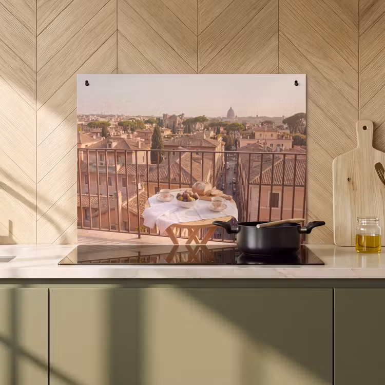 Eten - Ontbijt - Balkon - Stad - Zonsopgang Inductie beschemer met haakjes klein -sfeer2