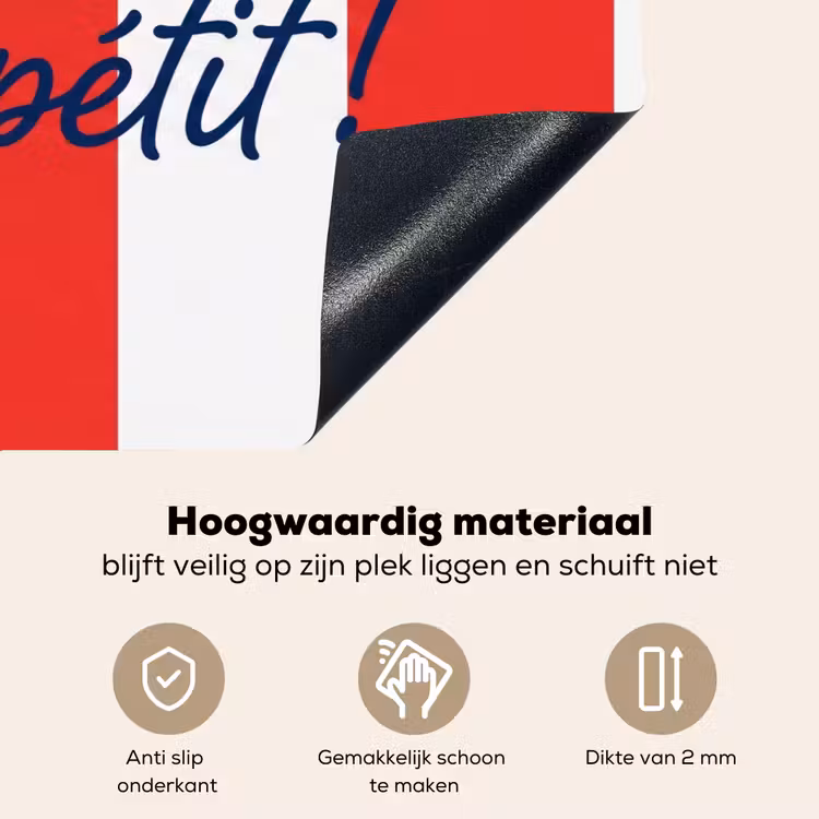 Eten - Spreuk - Keuken - Grafisch - Rood-Wit Inductie beschemer met haakjes klein -ky-onderkant-nl