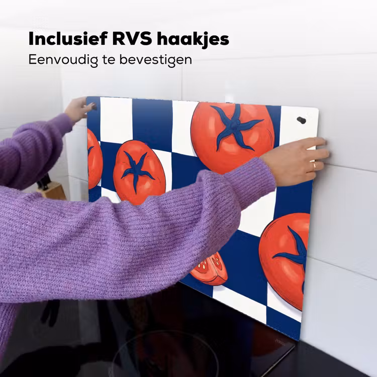 Eten - Tomaten - Keuken - Illustratie - Rood-Blauw Inductie beschemer met haakjes klein -ky-ophangen-nl