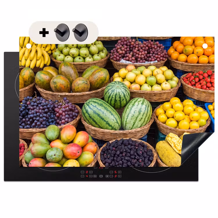 Inductiebeschermer & spatscherm (2in1) - Fruit - Markt - Kleurrijk - Fruit - Markt - Kleurrijk Inductie beschemer met haakjes klein