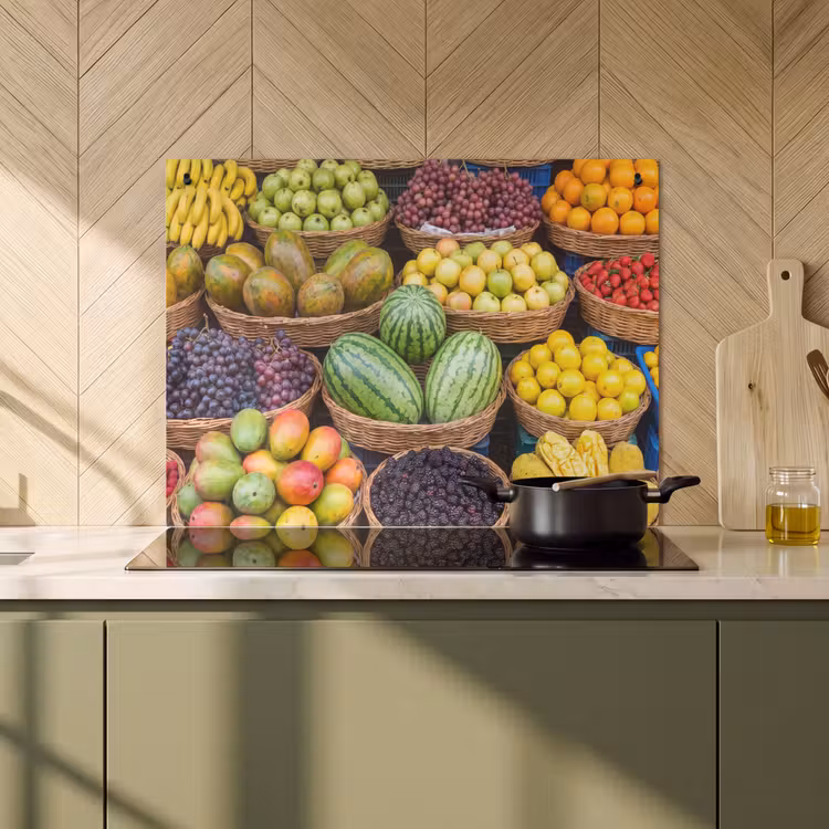 Inductiebeschermer & spatscherm (2in1) - Fruit - Markt - Kleurrijk - Fruit - Markt - Kleurrijk Inductie beschemer met haakjes klein