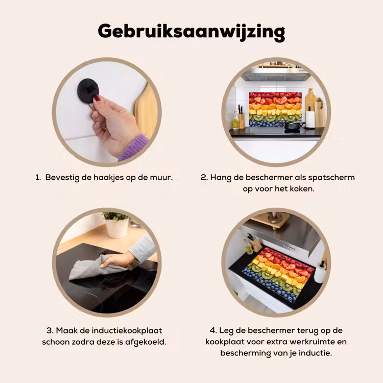 Fruit - Regenboog - Gezond - Kleurrijk Inductie beschemer met haakjes klein -ky-gebruik-nl