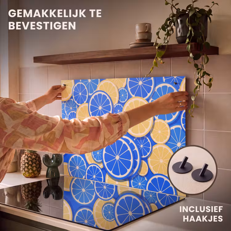 Fruit - Schijven - Patroon - Modern - Blauw - Geel Inductie beschemer met haakjes klein -ky-ophangen-nl