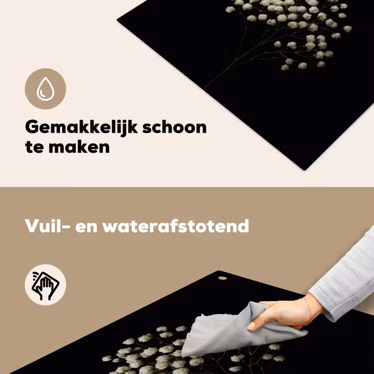 Gipskruid - Bloemetjes - Wit - Minimalistisch Inductie beschemer met haakjes middel -ky-schoon-nl