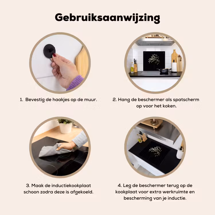 Gipskruid - Bloemetjes - Wit - Minimalistisch Inductie beschemer met haakjes middel -ky-gebruik-nl