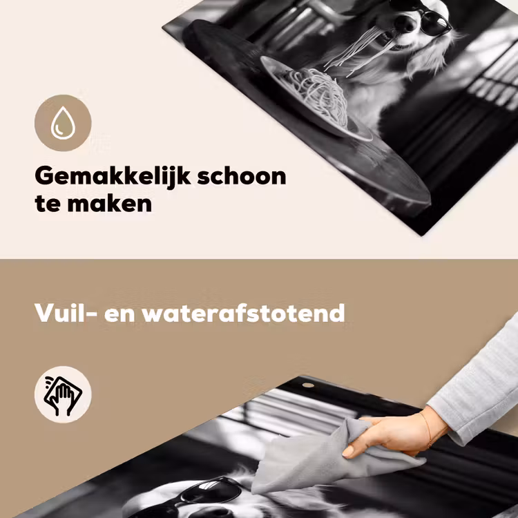Golden Retriever - Hond - Vrolijk - Bord spaghetti - Zwart - wit Inductie beschemer met haakjes klein -ky-schoon-nl